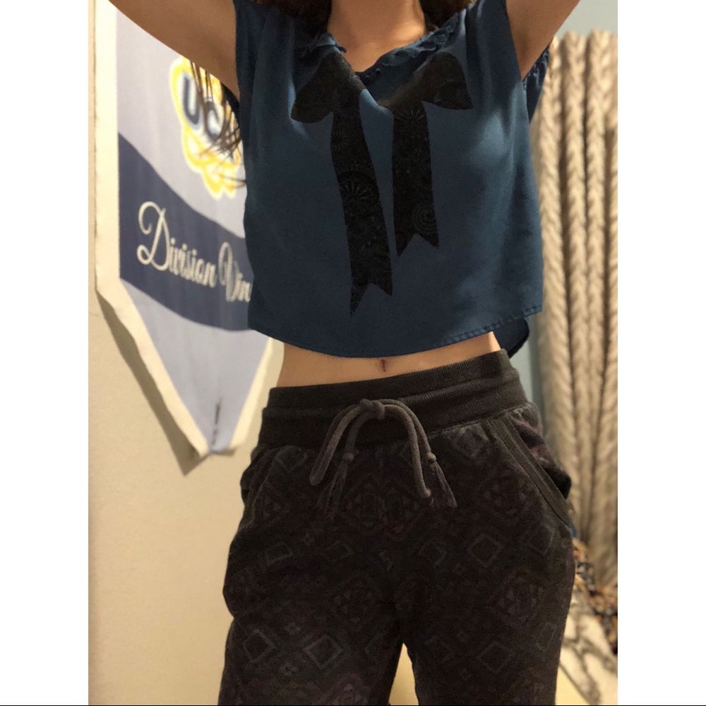 Blue and black bow crop top